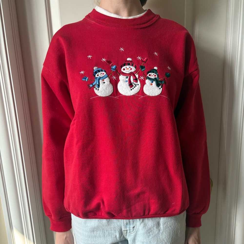 Top Stitch Red Snowman Sweatshirt Snow Man Sweater Size MP Medium Petite Winter